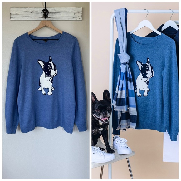 Talbots Sweaters - TALBOTS L French Bulldog Crewneck Pullover Sweater Frenchie Parisian French Blue